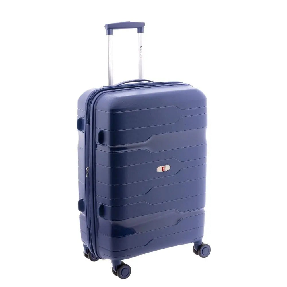 Vista lateral de la maleta Gladiator Boxing mediana destacando los tacos de apoyo laterales.